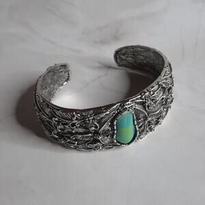 Ornate Silver Cuff Bracelet Faux Turquoise Stone Center